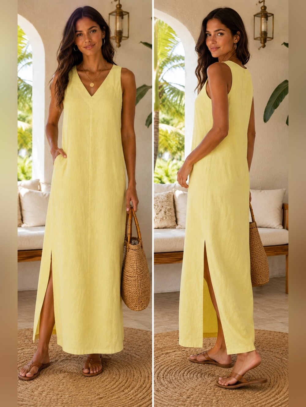 DKNY Women’s Medium Yellow Linen Blend Maxi Dress Sleeveless Resort Vacation NWT